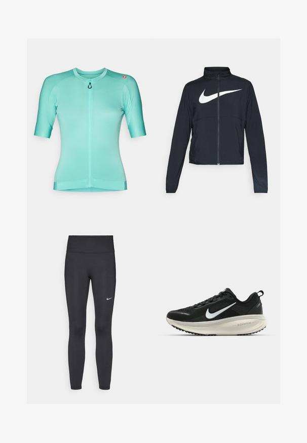 Černá sportovní bunda na zip s vysokým límcem, dlouhými rukávy a velkým bílým logem Nike swoosh přes prsa.; Cyklistický dres s krátkým rukávem v světlé tyrkysové barvě s předním zipem, texturovanou tkaninou a logem na rameni.; Černé legíny vyrobené z elastického materiálu, s vysokým pasem a bílým logem Nike na levém stehně. Hladká textura, přiléhavý střih.; Černá běžecká obuv Nike s prodyšným síťovaným svrškem, bílým logem swoosh, texturovanými detaily a krémovou mezipodešví ZoomX.