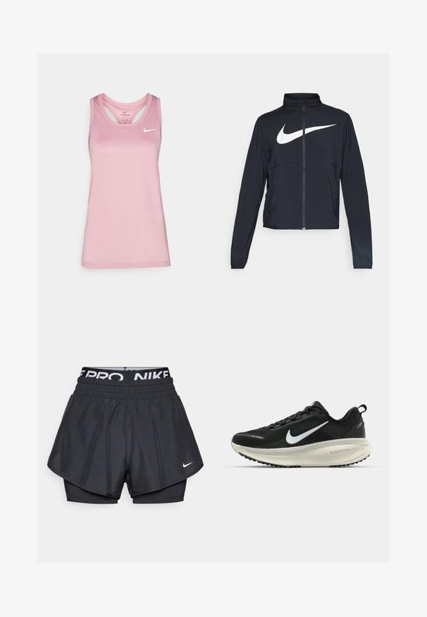 Giacca sportiva nera con zip completa, colletto alto, maniche lunghe e grande logo swoosh bianco Nike sul petto.; Nike Performance TANK - Top - elemental pink; Pantaloni athletic neri con design a strati, caratterizzati da uno strato esterno traspirante, cintura elastica con logo e un piccolo logo davanti.; Scarpa da corsa nera Nike con tomaia in rete traspirante, logo Swoosh bianco, dettagli testurizzati e intersuola ZoomX di colore crema.
