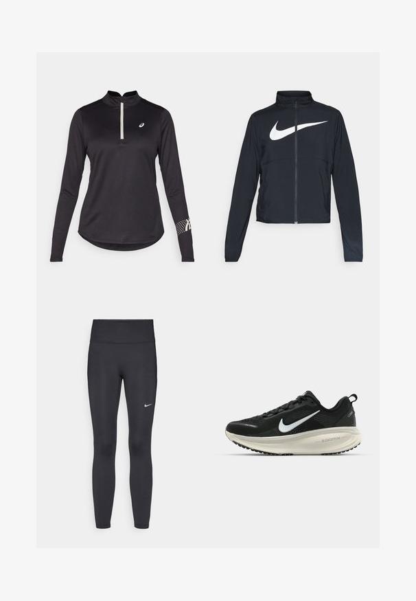 Schwarze Sportjacke mit vollem Reißverschluss, hohem Kragen, langen Ärmeln und großem weißen Nike-Swoosh-Logo auf der Brust.; Schwarzes, langärmliges Sportoberteil mit halbseitigem Reißverschlusskragen, strukturiertem Stoff und einem gepunkteten Muster am rechten Ärmel, das Logo-Details aufweist.; Schwarze Leggings aus elastischem Stoff, mit einem hohen Bund und einem weißen Nike-Logo auf dem linken Oberschenkel. Glatte Textur, figurbetontes Design.; Schwarzer Nike-Laufschuh mit atmungsaktivem Mesh-Obermaterial, weißem Swoosh-Logo, strukturierten Details und einer cremefarbenen ZoomX-Zwischensohle.
