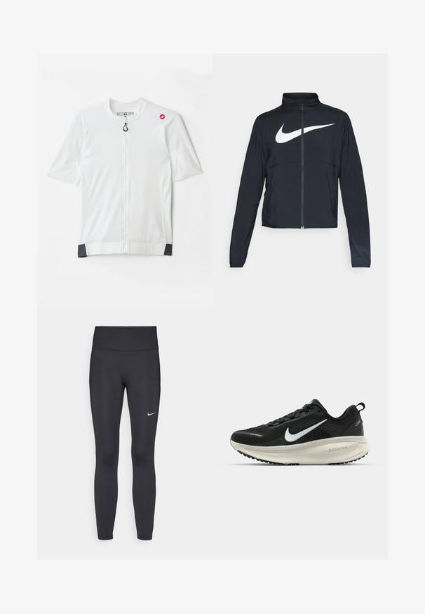 Čierna športová bunda na zips s vysokým golierom, dlhými rukávmi a veľkým bielym logom Nike na hrudi.; Biela cyklistická dres s krátkym rukávom s predným zipsom, textúrovaným materiálom a čiernymi akcentmi na leme. Logo na ľavom ramene.; Čierne legíny z elastického materiálu, s vysokým pásom a bielym logom Nike na ľavom stehne. Hladká textúra, priliehavý dizajn.; Čierne bežecké topánky Nike s priedušnou sieťovinou, bielym logom s symbolom swoosh, textúrovanými detailmi a krémovou ZoomX medzipodrážkou.