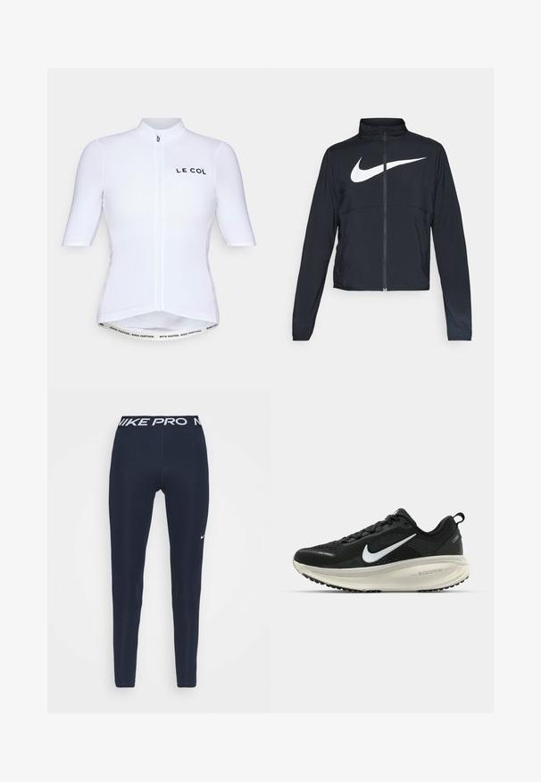 Casaco desportivo preto com fecho éclair completo, gola alta, mangas longas e grande logótipo branco da Nike na parte frontal.; Camisola de ciclismo de mangas curtas em tecido branco com fecho à frente, apresentando a marca "LE COL" em preto e uma faixa na cintura com padrão e texto.; Leggings Nike Pro de cor azul-marinho com uma ampla cintura branca, apresentando o logótipo "NIKE PRO" e um pequeno detalhe do Swoosh branco na coxa esquerda. Textura suave.; Sapatilha de corrida Nike preta com parte superior de malha respirável, logotipo Swoosh branco, detalhes texturizados e uma entressola ZoomX na cor creme.