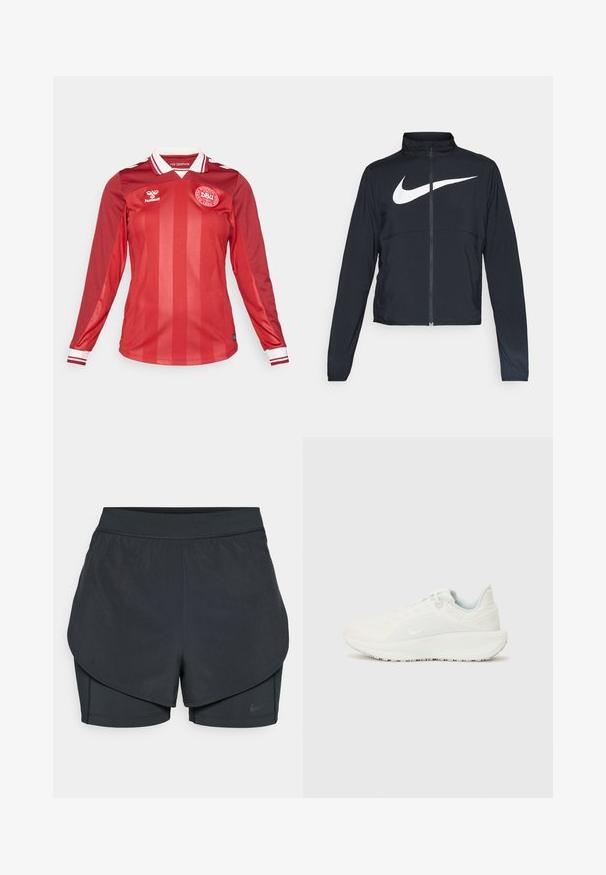 Svart joggebund med hel glidelås, høy krage, lange ermer og stort hvitt Nike swoosh-logo over brystet.; Rød langermet fotballdrakt med vertikale striper, hvit krage og rød-hvite stripete mansjetter. Har lagets logo på brystet.; Svart idrettsshorts med lagdelt design, som har et glatt ytre lag og tettsittende indre shorts. Laget av lett, elastisk stoff.; Hvite sportsko med teksturert overdel, polstret krage og snøring. Har en buet såle og subtil merkevare på siden.