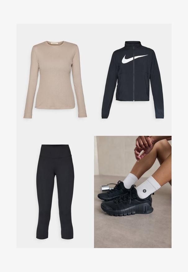 Svart joggebund med hel glidelås, høy krage, lange ermer og stort hvitt Nike swoosh-logo over brystet.; Beige langermet ribbet topp med rund hals og tettsittende design. Har en liten stofflapp ved kanten, laget av myk tekstil.; Sorte, cropped leggings laget av elastisk stoff, med høy midje og glatt tekstur, uten synlige mønstre eller detaljer.; Svarte idrettssko med teksturert stoff, snøring og en fremtredende såle, sammen med hvite ribbestrikkede sokker med en liten logo.