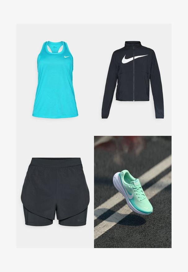 Must musta täispikk vary hoodie kõrge krae, pikad varrukad ja suur valge Nike swooshi logo rinnal.; Tüürkiis sportlik tank top ümmarguse kaeluse, sõidurihmaga disaini ja valge Nike logo positiivil vasakul. Sile, kerge kangas.; Mustad musta sportlikud lühikesed püksid kihilise disainiga, millel on sile välimine kiht ja istuvad sisepüksid. Valmistatud kergest, venivast kangast.; Kerge, mündiroheline jooksmise king, millel on võrgust ülemine osa, pehme kaelus ja valgest kummist tallaosa. Nike logo küljel; paelad nähtavad.