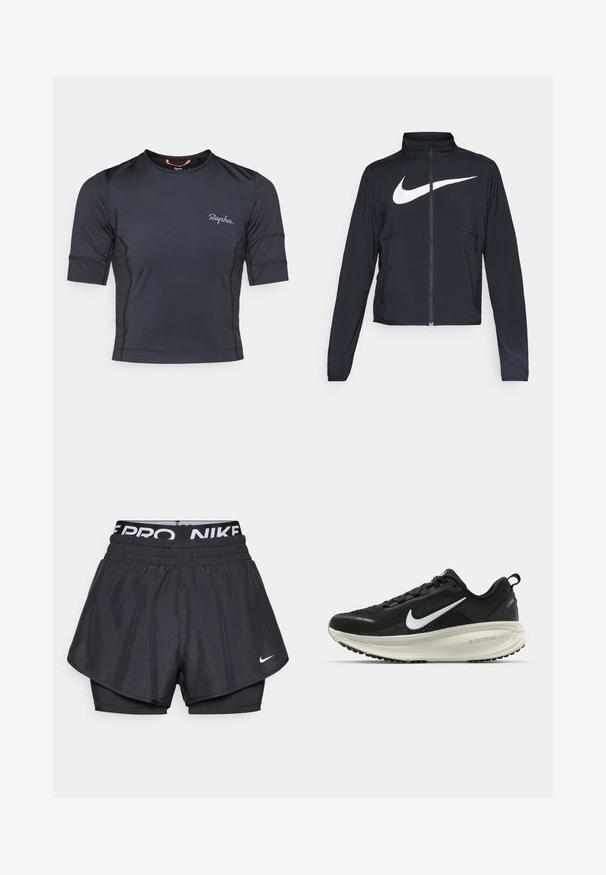 Juodas sportinis džemperis su visiškai užtraukiama užtrauktuku, aukšta apykakle, ilgomis rankovėmis ir dideliu baltu Nike swoosh logotipu per krūtinę.; Trumpai rankoviai dviračių marškiniai tamsiai navi su švelnia tekstūra, su kontrastingomis šoninėmis panelėmis ir subtiliu logotipu krūtinėje.; Juodos sportinės šortai su sluoksniuota struktūra, turintys kvėpuojantį išorinį sluoksnį, elastingą juosmenį su ženklinimu ir mažą logotipą priekyje.; Juodas Nike sportinis batelis su kvėpuojančiu tinklu, baltu swoosh logotipu, tekstūruoto dizaino detalėmis ir grietinėlės spalvos ZoomX viduriu.