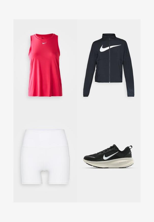 Fekete, teljes cipzáros sportdzseki magas gallérral, hosszú ujjal, amelyen egy nagy, fehér Nike logó található a mellkason.; Nike ujjatlan sportos top élénk rózsaszínben. Simább, könnyű anyagból készült. A mellkasán fehér Nike logó található.; Fehér, magas derekú, rugalmas anyagból készült sort. Simább textúrával és testhezálló dizájnnal rendelkezik, további minták vagy fémalkatrészek nélkül.; Fekete Nike futócipő légáteresztő hálós felsőrésszel, fehér Swoosh logóval, textúrázott részletekkel és krém színű ZoomX középtalppal.