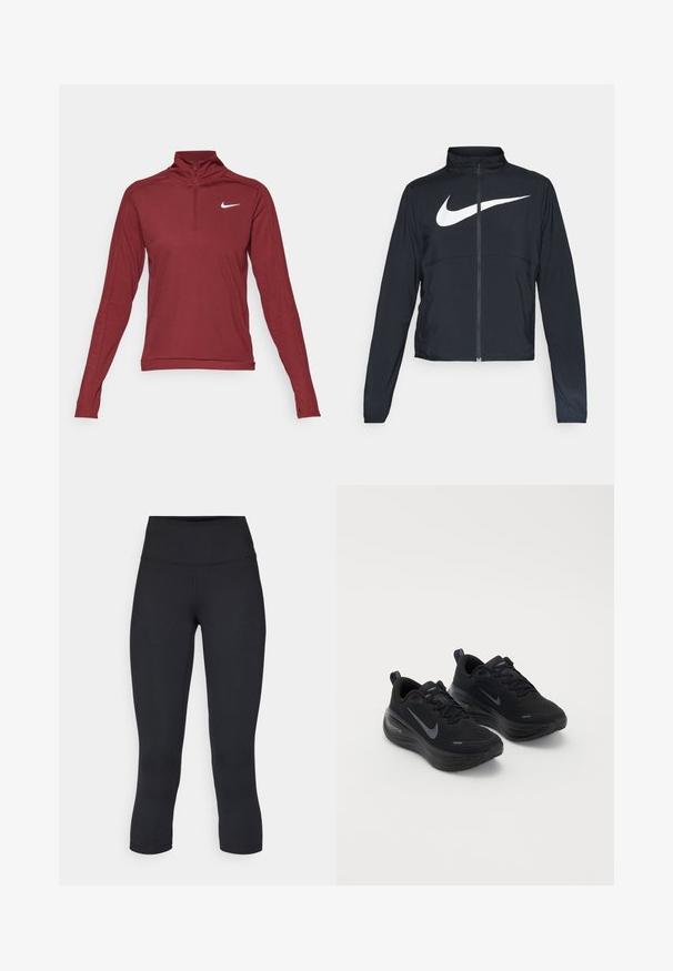 Schwarze Sportjacke mit vollem Reißverschluss, hohem Kragen, langen Ärmeln und großem weißen Nike-Swoosh-Logo auf der Brust.; Burgunderfarbene Langarm-Sportoberteil mit einem halben Reißverschluss am Kragen und weißem Nike-Logo auf der Brust. Hergestellt aus einem glatten, dehnbaren Material.; Schwarze, cropped Leggings aus dehnbarem Material, mit einem hohen Bund und glatter Textur, ohne sichtbare Muster oder Hardware.; Schwarze Turnschuhe mit strukturiertem Obermaterial, geschnürtem Design und dicker, gepolsterter Sohle. Mit einem grauen Nike-Logo an jeder Seite.