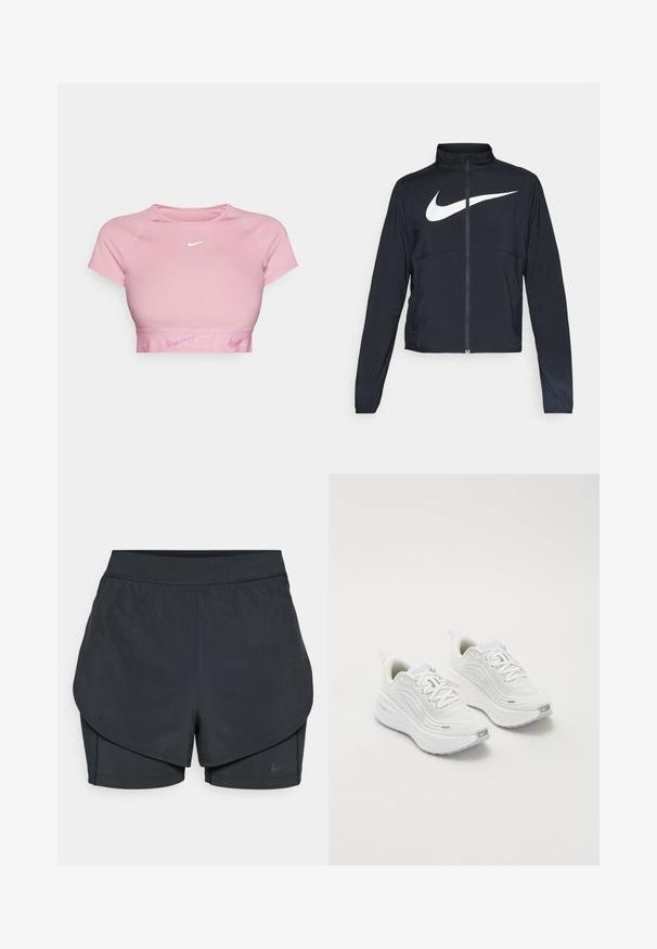 Czarna bluza sportowa na zamek błyskawiczny z wysokim kołnierzem, długimi rękawami i dużym białym logo Nike na klatce piersiowej.; Krótki różowy top z krótkimi rękawami, prążkowanym dołem i białym logiem Nike na piersi. Gładki materiał z dopasowanym krojem.; Czarne spodenki sportowe z warstwowym krojem, z gładką zewnętrzną warstwą i dopasowanymi wewnętrznymi spodniami. Wykonane z lekkiej, elastycznej tkaniny.; Białe buty sportowe z teksturowaną siateczką u góry, amortyzowana podeszwa i subtelne szare akcenty. Zawierają logo i pętlę z tyłu dla łatwego zakładania.