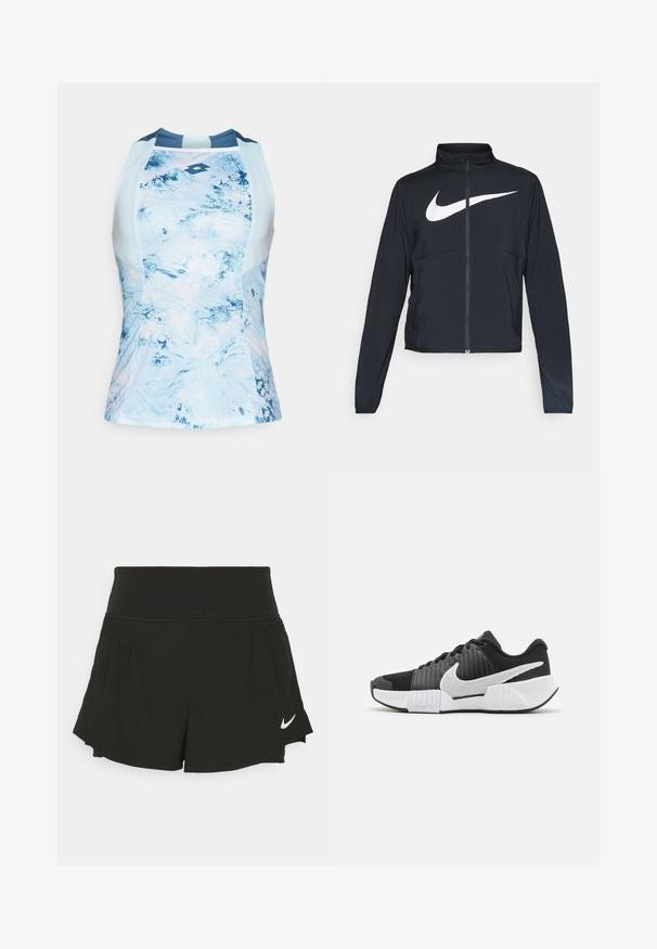 Giacca sportiva nera con zip completa, colletto alto, maniche lunghe e grande logo swoosh bianco Nike sul petto.; Top atletico senza maniche di colore azzurro chiaro con un motivo astratto e strutturato. Presenta un colletto a giro e un logo al centro.; Pantaloni sportivi neri con una vita alta, dettagli plissettati, orlo curvo e logo Nike bianco sul lato inferiore destro.; Scarpe sportive in bianco e nero con una parte superiore testurizzata, un prominente swoosh Nike e un design della suola a contrasto per una migliore aderenza e stabilità.