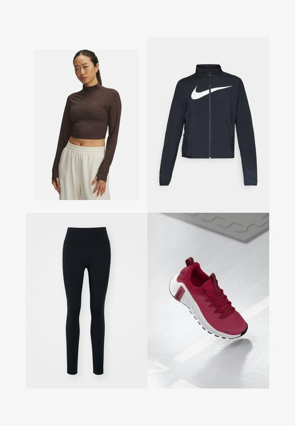 Schwarze Sportjacke mit vollem Reißverschluss, hohem Kragen, langen Ärmeln und großem weißen Nike-Swoosh-Logo auf der Brust.; Brauner, taillierter Langarmoberteil mit Stehkragen, aus glattem Stoff gefertigt, mit einer figurbetonten Passform und dezenten Steppnähten. Weiße Hose mit elastischem Bund.; Schwarze Leggings aus dehnbarem Material mit hohem Bund. Glatte Textur, taillierte Passform und keine sichtbaren Verzierungen oder Muster.; Roter Turnschuh mit strukturiertem Obermaterial, Schnürsenkeln und einer dicken weißen Sohle. Verfügt über eine kontrastierende schwarze Zehenkappe und ein Logo an der Seite.