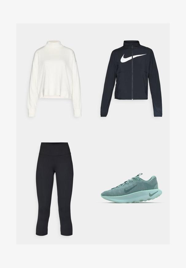 Čierna športová bunda na zips s vysokým golierom, dlhými rukávmi a veľkým bielym logom Nike na hrudi.; Biela mikina s vysokým golierom a dlhými rukávmi, s uvoľneným strihom, spustenými ramenami a skráteným lemom, vyrobená z mäkkej, štruktúrovanej tkaniny.; Čierne skrátené legíny vyrobené z elastického materiálu, s vysokým pásom a hladkou textúrou, bez viditeľných vzorov alebo kovania.; Svetložltá športová obuv s textúrovanou pletenou vrchnou časťou, zaoblenou podrážkou a výrazným logom swoosh v tmavšej zelenej farbe po boku.