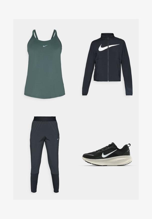 Czarna bluza sportowa na zamek błyskawiczny z wysokim kołnierzem, długimi rękawami i dużym białym logo Nike na klatce piersiowej.; Zielony sportowy top na ramiączkach wykonany z materiału odprowadzającego wilgoć, z cienkimi ramiączkami i małym, odblaskowym logo z przodu.; Spodnie sportowe Nike w ciemnoszarym kolorze, z tapered leg design, elastycznym paskiem w talii oraz akcentami przy nogawkach.; Czarna biegowa półbut z oddychającej siateczki, białym logo swoosh, teksturowanymi detalami oraz kremową podeszwą środkową ZoomX.