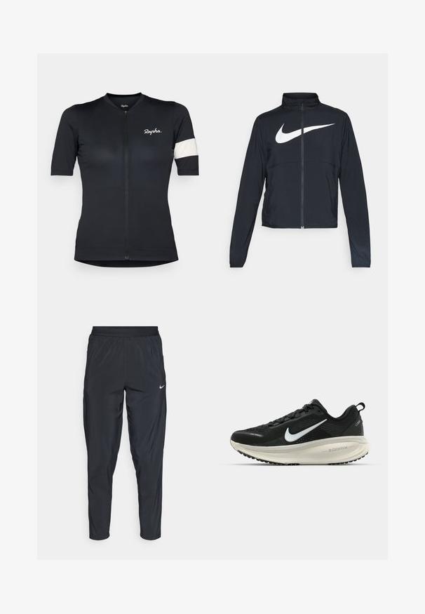 Svart joggebund med hel glidelås, høy krage, lange ermer og stort hvitt Nike swoosh-logo over brystet.; Kortsleeve sykkelseri i svart stoff med et teksturert mønster, front glidelås, og en hvit stripe på venstre erme. Brodert logo.; Sorte idrettsbukser med elastisk midjebånd, smale ben og en liten hvit logo på venstre lår. Lett og glatt stoff.; Svart Nike løpesko med pustende mesh-overdel, hvit swoosh-logo, teksturert detaljer og en kremfarget ZoomX mellomsåle.