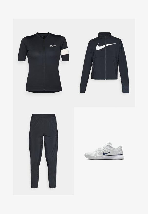 Veste de sport noire zippée sur toute la longueur avec un col haut, des manches longues et un grand logo Nike swoosh blanc sur la poitrine.; Maillot de cyclisme à manches courtes en tissu noir avec un motif texturé, fermeture éclair à l'avant, et une bande blanche sur la manche gauche. Logo brodé.; Pantalons de sport noirs avec une taille élastique, des jambes fuselées et un petit logo blanc sur la cuisse gauche. Tissu léger et lisse.; Baskets de sport blanches avec une tige en maille texturée, des accents bleu marine et une semelle rembourrée avec un grip à motifs. Lacets intégrés au design.