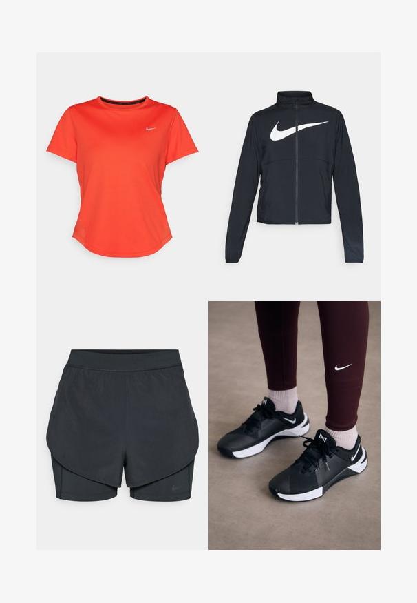 Crna sportska jakna s punim patentnim zatvaračem, visokim ovratnikom, dugim rukavima i velikim bijelim Nike swoosh logom preko grudi.; Majica kratkih rukava za sport u svijetlosmeđu tkaninu s okruglim izrezom, koja ima mali srebrni logo na prsima i bešavne rubove.; Crne atletske kratke hlače s višeslojnim dizajnom, koje sadrže glatki vanjski sloj i uske unutarnje hlače. Izrađene od lagane, rastezljive tkanine.; Crne atletske cipele s teksturiranim gornjim dijelom i bijelim naglascima, opremljene vezicama i logotipom sa strane. Nosene s maroon tajicama i svijetlim čarapama.