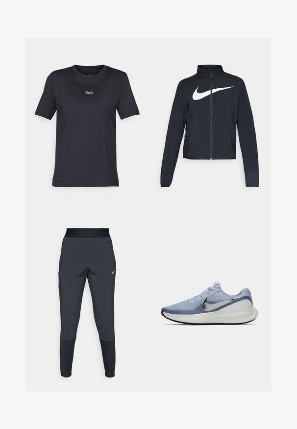 Zwarte sportjas met volledige rits, hoge kraag, lange mouwen en groot wit Nike swoosh-logo op de borst.; Zwarte korte mouwen t-shirt van katoen, met een ronde hals en een witte geborduurde "Rapha." logo op de borst. Soepele textuur.; Nike sportieve broek in donkergrijs, met een tapered leg ontwerp, elastische tailleband en accentdetails bij de boorden.; Lichtblauwe en witte Nike hardloopschoen met zilveren swoosh, ademend mesh bovenwerk, gewatteerde zool en zwarte buitenzool met profiel.