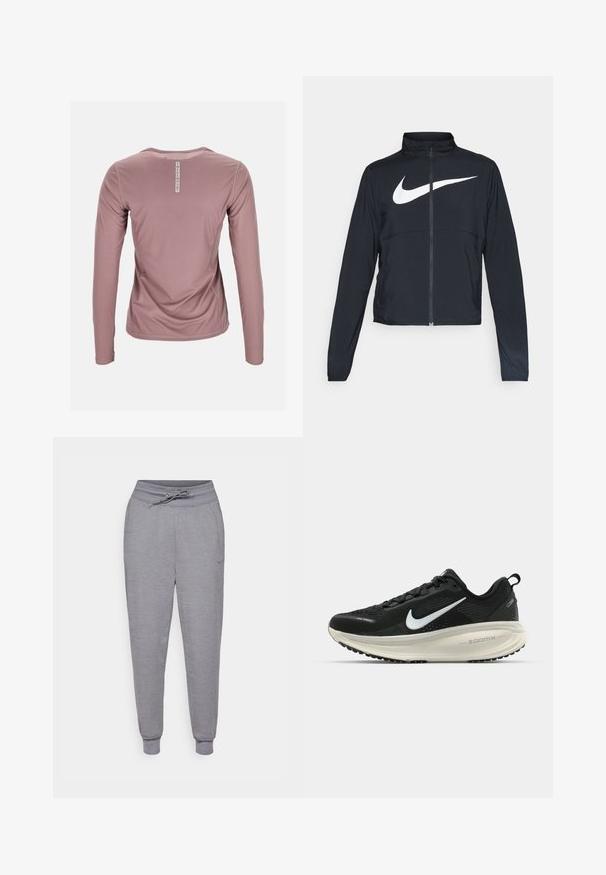 Black full-zip sports jacket with high collar, long sleeves, and large white Nike swoosh logo across the chest.; Long-sleeve shirt in soft pink fabric, featuring a textured pattern and a round neckline. Label on the back displays "Swedemount."; Gray tapered sweatpants with a drawstring waist, elastic cuffs, and a subtle Nike logo on the left thigh. Soft, textured fabric.; Black Nike running shoe with breathable mesh upper, white swoosh logo, textured detailing, and a cream-colored ZoomX midsole.