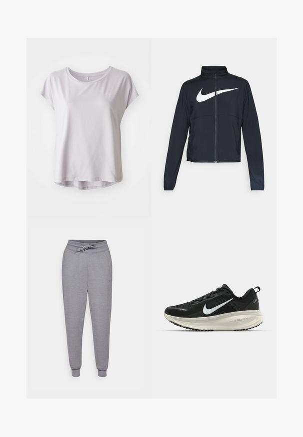 Sort fuld-zip sportsjakke med høj krave, lange ærmer og stort hvidt Nike swoosh-logo på brystet.; Lys grå, kortærmet atletisk skjorte lavet af glat, åndbart stof; rund halsudskæring med subtilt buet kant for en afslappet pasform.; Grå taperede sweatpants med snor-i-livet, elastiske manchetter og et diskret Nike-logo på venstre lår. Blødt, struktureret stof.; Sort Nike løbesko med åndbart mesh-overdel, hvidt swoosh-logo, tekstureret detaljering og en cremede ZoomX mellemsål.