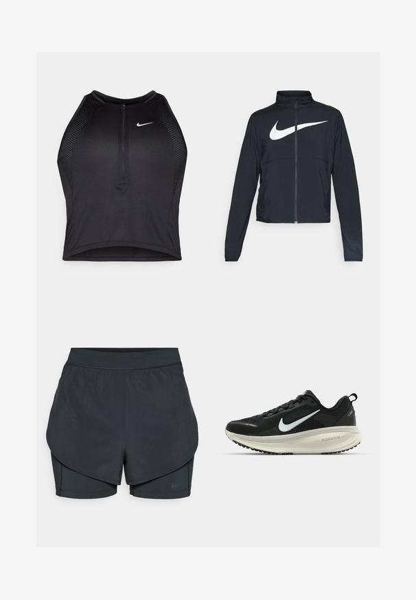 Giacca sportiva nera con zip completa, colletto alto, maniche lunghe e grande logo swoosh bianco Nike sul petto.; Top corto atletico nero con zip frontale, dettagli in rete e un design aderente. Realizzato in tessuto elasticizzato e traspirante. Logo Nike sul davanti.; Shorts sportivi neri con un design a strati, caratterizzati da uno strato esterno morbido e da pantaloni interni aderenti. Realizzati in tessuto leggero e elasticizzato.; Scarpa da corsa nera Nike con tomaia in rete traspirante, logo Swoosh bianco, dettagli testurizzati e intersuola ZoomX di colore crema.