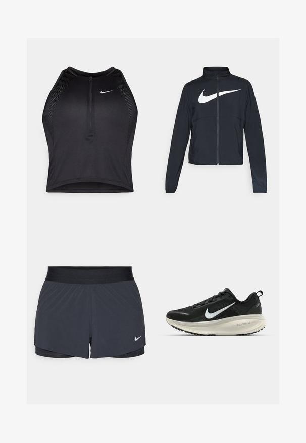 Černá sportovní bunda na zip s vysokým límcem, dlouhými rukávy a velkým bílým logem Nike swoosh přes prsa.; Černý sportovní crop top se zipem vpředu, síťovými detaily a přiléhavým střihem. Vyrobený z elastického, prodyšného materiálu. Logo Nike na přední straně.; Černé sportovní kraťasy s elastickým pasem, které mají vrstvený design a malé bílé logo Nike na dolním levém rohu. Lehce materiál.; Černá běžecká obuv Nike s prodyšným síťovaným svrškem, bílým logem swoosh, texturovanými detaily a krémovou mezipodešví ZoomX.