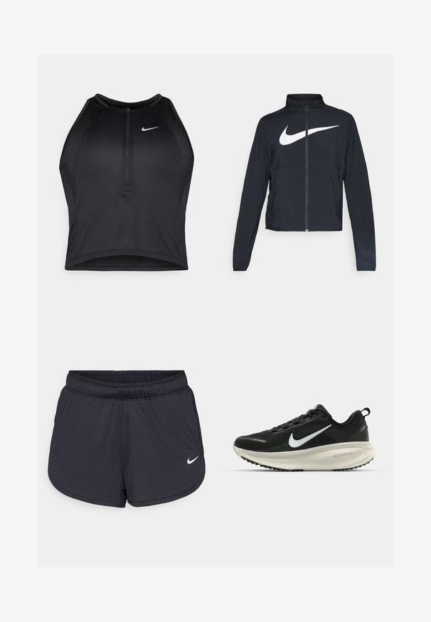 Fekete, teljes cipzáros sportdzseki magas gallérral, hosszú ujjal, amelyen egy nagy, fehér Nike logó található a mellkason.; Fekete sportos crop top, elöl cipzárral, hálós kiegészítőkkel és testhez álló kialakítással. Rugalmas, lélegző anyagból készült. Nike logó elöl.; Fekete sportos rövidnadrág, könnyű, légáteresztő anyagból készült. Rugalmas derékpánttal rendelkezik, és a jobb alsó oldalon fehér Nike logó található.; Fekete Nike futócipő légáteresztő hálós felsőrésszel, fehér Swoosh logóval, textúrázott részletekkel és krém színű ZoomX középtalppal.