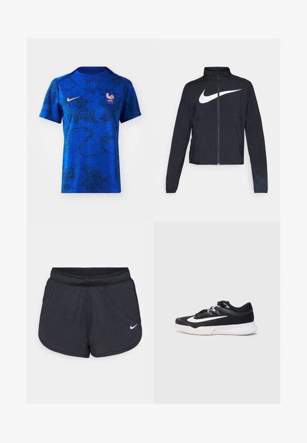 Črna športna jakna z polnim zadrgo, visokim ovratnikom, dolgimi rokavi in velikim belim logotipom Nike swoosh čez prsi.; Modra Nike majica s teksturiranim vzorcem v črni barvi, kratke rokave in krožni ovratnik. Vsebuje simbol petelina in podrobnost "FFF".; Črne atletske kratke hlače z elastičnim pasom, športnega dizajna z belim Nike logotipom na spodnjem delu spredaj. Tkanina z teksturo.; Črne športne čevlje z belimi poudarki, ki imajo teksturirano zgornje plast, okroglo konico, ravne vezalke in debel bel gumijast podplat.