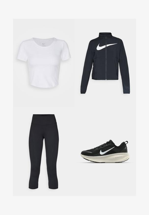 Chaqueta deportiva negra de cremallera completa con cuello alto, mangas largas y gran logo de Nike en blanco en el pecho.; Top corto blanco de manga corta, hecho de material sintético suave. Cuenta con un escote redondo y el logo de Nike en el interior del cuello.; Leggings negros cortos hechos de tela elástica, con una cintura alta y una textura suave, sin patrones o herrajes visibles.; Zapatilla de running Nike negra con parte superior de malla transpirable, logo Swoosh blanco, detalles texturizados y una entresuela ZoomX de color crema.
