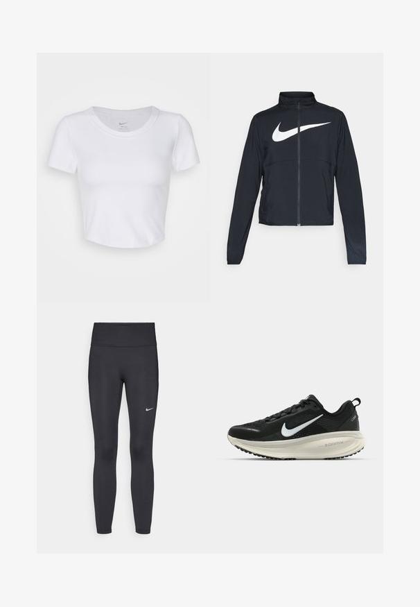Svart joggebund med hel glidelås, høy krage, lange ermer og stort hvitt Nike swoosh-logo over brystet.; Hvit, kortermet crop top laget av glatt, syntetisk materiale. Har rund halslinning og Nike-logo inni kragen.; Sorte leggings laget av elastisk stoff, med høy livlinje og en hvit Nike-logo på venstre lår. Glatt tekstur, kroppsnær passform.; Svart Nike løpesko med pustende mesh-overdel, hvit swoosh-logo, teksturert detaljer og en kremfarget ZoomX mellomsåle.