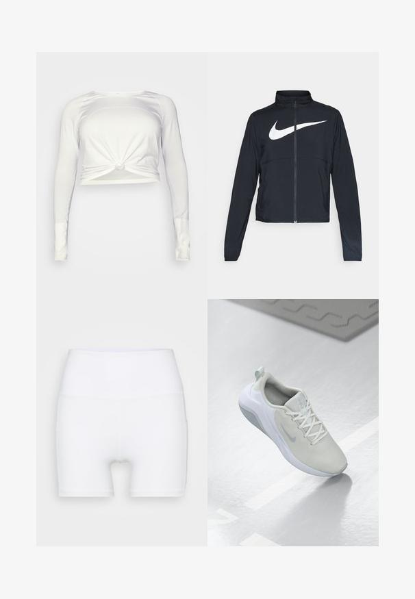 Zwarte sportjas met volledige rits, hoge kraag, lange mouwen en groot wit Nike swoosh-logo op de borst.; lululemon SWIFTLY TECH LONG SLEEVE - Longsleeve - white/white; Witte hoge taille shorts van rekbare stof. Kenmerken een gladde textuur en een aansluitend ontwerp, zonder extra patronen of hardware.; Lichtgrijze sportief schoen met een mesh bovenstuk, cirkelpatroon, witte accenten, platte veters en een gestructureerde zool voor grip.