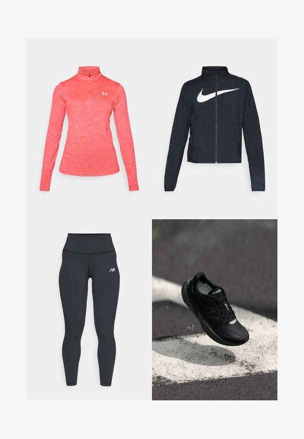 Svart sportjacka med hel dragkedja, hög krage, långa ärmar och stor vit Nike swoosh-logotyp över bröstet.; Långärmad, zip-neck atletisk topp i melerad korallfärg, med en vit logotyp på vänster bröst och en mjuk, lätt textur.; Svarta tränings leggings med hög midja, med en slät yta och en liten vit New Balance-logga på låret.; Svart löparsko med en texturerad ovandel, slankt design och reflekterande detaljer. Har en mjuk, dämpad sula för komfort.