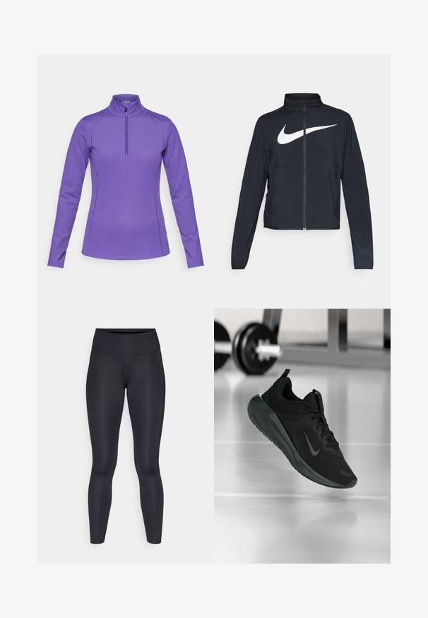Črna športna jakna z polnim zadrgo, visokim ovratnikom, dolgimi rokavi in velikim belim logotipom Nike swoosh čez prsi.; Ljubičasta srajca dolgimi rokavi z ovratnikom in pol-zadrgo. Narejena iz gladkega, raztegljivega materiala z ravnimi šivi in logotipom na rami.; Črne legice narejene iz gladkega, elastičnega materiala. Visok pas brez vidnih vzorcev ali dodatkov. Tesno se prilegajo od pasu do gležnjev.; Črne športne teniske z logotipom Nike, prikazane v zraku na telovadni talni površini, v ozadju pa zamegljena vrsta uteži.