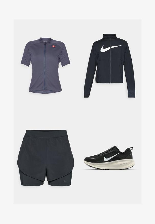 Veste de sport noire zippée sur toute la longueur avec un col haut, des manches longues et un grand logo Nike swoosh blanc sur la poitrine.; Maillot de cyclisme à manches courtes en tissu bleu marine foncé. Il dispose d'une fermeture éclair à l'avant et d'un petit logo rouge sur l'épaule gauche. Texture lisse.; Shorts de sport noirs avec un design superposé, présentant une couche extérieure lisse et des shorts intérieurs ajustés. Fabriqués en tissu léger et extensible.; Baskets de course noir Nike avec tige respirante en mesh, logo swoosh blanc, détails texturés et semelle intermédiaire ZoomX de couleur crème.