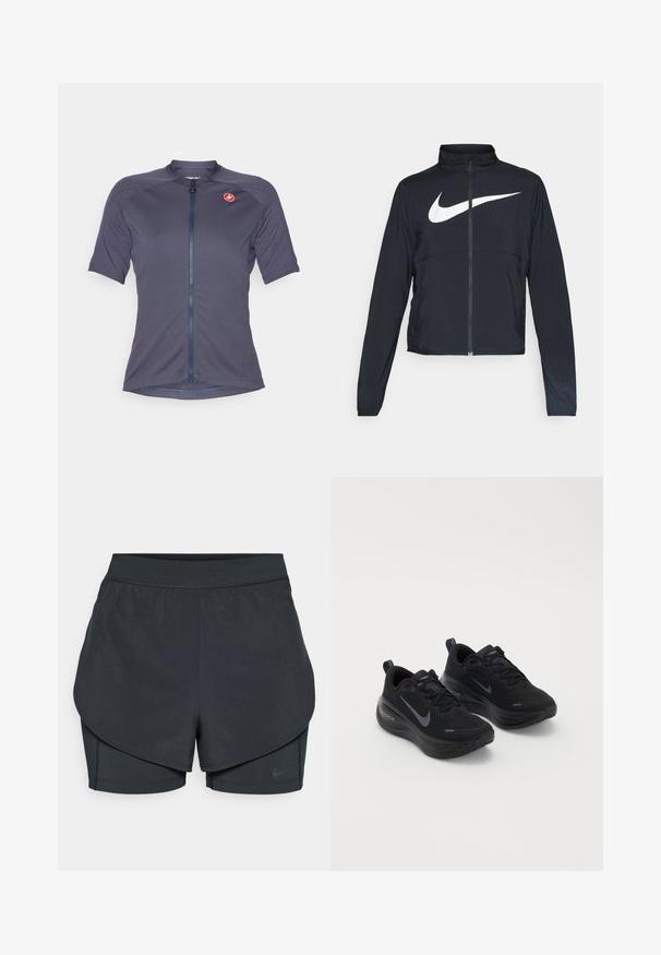 Crna sportska jakna s punim patentnim zatvaračem, visokim ovratnikom, dugim rukavima i velikim bijelim Nike swoosh logom preko grudi.; Kratka majica za biciklizam s kratkim rukavima u tamnoplavoj tkanini. Ima prednji zatvarač i mali crveni logotip na lijevom ramenu. Glatka tekstura.; Crne atletske kratke hlače s višeslojnim dizajnom, koje sadrže glatki vanjski sloj i uske unutarnje hlače. Izrađene od lagane, rastezljive tkanine.; Crne atletske tenisice s teksturiranim gornjim dijelom, pertlanjem i debelim, ublaženim potplatom. Imaju sivi Nike logotip s svake strane.