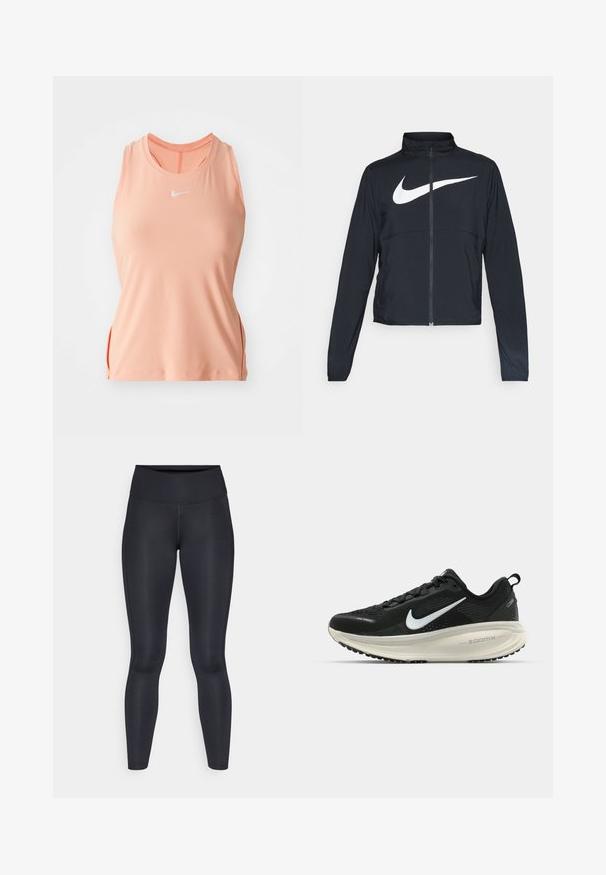 Czarna bluza sportowa na zamek błyskawiczny z wysokim kołnierzem, długimi rękawami i dużym białym logo Nike na klatce piersiowej.; Różowy bezrękawnik sportowy z okrągłym dekoltem, bocznymi rozcięciami i haftowanym logo na piersi. Wykonany z gładkiego, elastycznego materiału.; Czarne legginsy wykonane z gładkiego, elastycznego materiału. Wysoki stan bez widocznych wzorów czy akcentów. Dobrze przylegają od pasa do kostek.; Czarna biegowa półbut z oddychającej siateczki, białym logo swoosh, teksturowanymi detalami oraz kremową podeszwą środkową ZoomX.