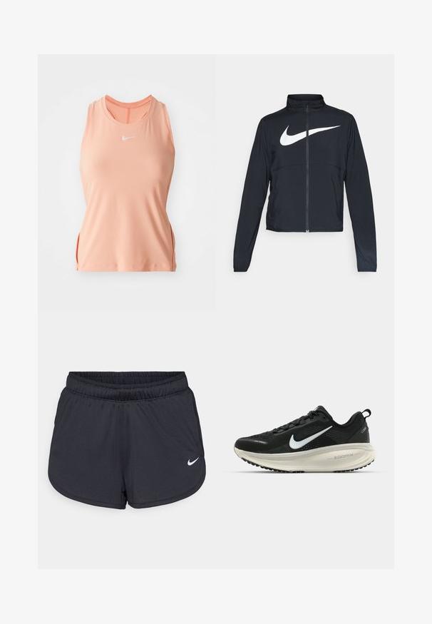 Černá sportovní bunda na zip s vysokým límcem, dlouhými rukávy a velkým bílým logem Nike swoosh přes prsa.; Růžový bezrukávový sportovní top s kulatým výstřihem, bočními rozparky a vyšitým logem na hrudi. Vyrobeno z hladké, elastické tkaniny.; Černé sportovní šortky vyrobené z lehké, prodyšné látky. Obsahují elastický pás a bílé logo Nike na dolní pravé straně.; Černá běžecká obuv Nike s prodyšným síťovaným svrškem, bílým logem swoosh, texturovanými detaily a krémovou mezipodešví ZoomX.