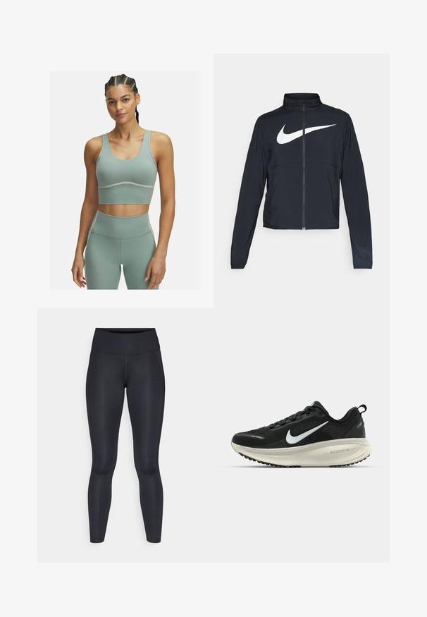 Musta urheilutakki, jossa on täysivetoketju, korkea kaulus, pitkät hihat ja suuri valkoinen Nike-tikkauksella rintaosa.; Vihreä urheiluliivi, jossa on mukautuva muotoilu, leveät hihnat ja sileä pinta. Lisäksi siinä on kontrastoivia valkoisia saumoja alaosassa.; Mustat legginsit, jotka on valmistettu sileästä ja joustavasta kankaasta. Korkea vyötärö ilman näkyviä kuvioita tai tehosteita. Istuu tiiviisti vyötäröstä nilkkoihin.; Mustat Nike-juoksukengät, joissa on hengittävä verkko-osa, valkoinen swoosh-logo, teksturoitu yksityiskohtaus ja kermaisen värinen ZoomX-välipohja.