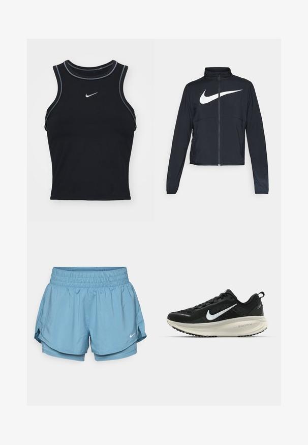 Svart joggebund med hel glidelås, høy krage, lange ermer og stort hvitt Nike swoosh-logo over brystet.; Svart sportslig tanktop laget av glatt stoff. Har rund hals med grå søm og en liten sølvfarget Nike-logo på fronten.; Lyseblå idrettsshorts med en bred elastisk midjebånd, indre fôr og sidesplitter for enkel bevegelse. Har et lite hvitt logo.; Svart Nike løpesko med pustende mesh-overdel, hvit swoosh-logo, teksturert detaljer og en kremfarget ZoomX mellomsåle.