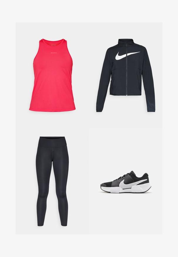 Casaco desportivo preto com fecho éclair completo, gola alta, mangas longas e grande logótipo branco da Nike na parte frontal.; Top desportivo rosa em tecido suave, com decote redondo, alças largas e o nome da marca "BORG" impresso em prata.; Leggings pretas feitos de um tecido liso e elástico. Cintura alta sem padrões ou detalhes visíveis. Ajustam-se de forma justa da cintura até os tornozelos.; Sapatos desportivos em preto e branco com um upper texturizado, swoosh da Nike em destaque e um design de sola em contraste para melhor aderência e estabilidade.