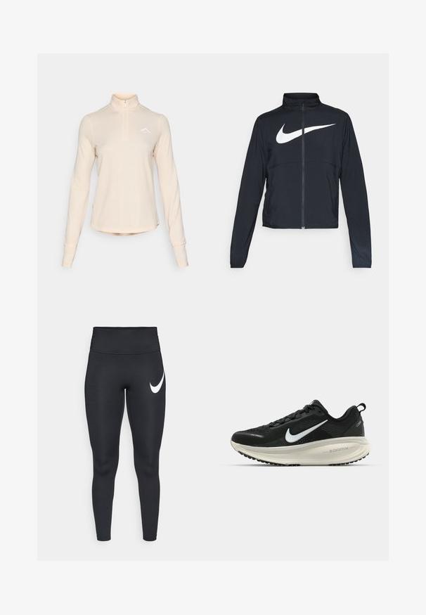 Zwarte sportjas met volledige rits, hoge kraag, lange mouwen en groot wit Nike swoosh-logo op de borst.; Lichtbeige long-sleeve top met kwart-ritssluiting, gemaakt van gestructureerde stof, met een klein wit logo op de borst en aansluitende manchetten.; Zwarte high-waisted sportleggings met een wit Nike swoosh-logo op de bovenste linker bovenbeen tegen een witte achtergrond.; Zwarte Nike hardloopschoen met ademend mesh bovenwerk, witte swoosh-logo, gestructureerde details en een crèmekleurige ZoomX middenzool.