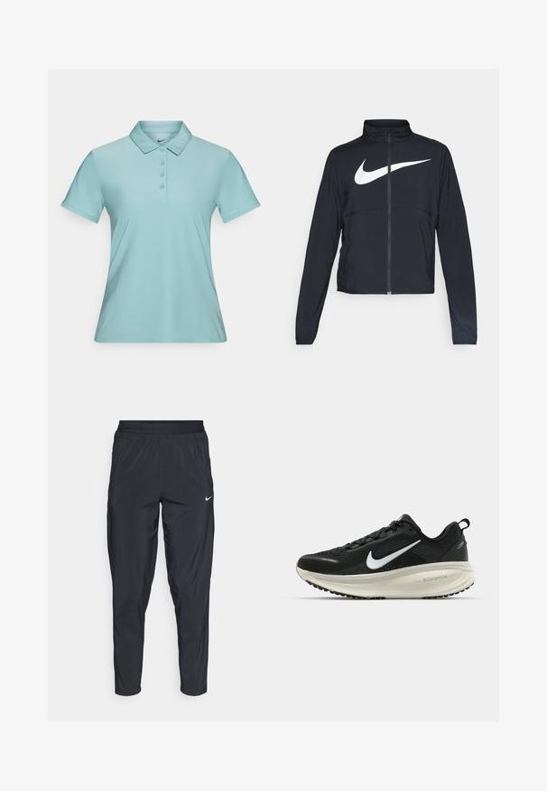 Casaco desportivo preto com fecho éclair completo, gola alta, mangas longas e grande logótipo branco da Nike na parte frontal.; Polo azul claro com pala de botões, mangas curtas e um colarinho clássico. Feita de tecido suave e leve. Logótipo da Nike no colarinho.; Calças desportivas pretas com cintura elástica, pernas ajustadas e um pequeno logo branco na coxa esquerda. Tecido leve e suave.; Sapatilha de corrida Nike preta com parte superior de malha respirável, logotipo Swoosh branco, detalhes texturizados e uma entressola ZoomX na cor creme.