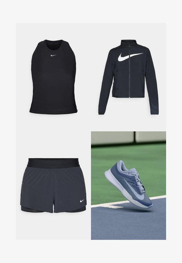 Čierna športová bunda na zips s vysokým golierom, dlhými rukávmi a veľkým bielym logom Nike na hrudi.; Čierny športový tielko vyrobené z hladkej, elastickej tkaniny. Obsahuje zaoblený výstrih a malé biele logo umiestnené na hrudi.; Čierne športové šortky s elastickým pásom, ktoré majú vrstvený dizajn a malú bielu aplikáciu loga Nike v dolnom ľavom rohu. Ľahký materiál.; Športové tenisky v svetlomodrej a námorníckej farebnej kombinácii, s textúrovaným zvrškom, plochými šnúrkami a ľahkou bielou podrážkou. Vyvýšené nad povrchom ihriska.