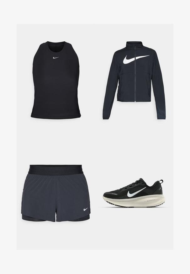 Musta urheilutakki, jossa on täysivetoketju, korkea kaulus, pitkät hihat ja suuri valkoinen Nike-tikkauksella rintaosa.; Musta urheilullinen tank top, joka on valmistettu sileästä ja joustavasta kankaasta. Siinä on pyöristetty pääntie ja pieni valkoinen logo keskitettynä rinnassa.; Mustat urheilushortsit, joissa on joustava vyötärö. Shortseissa on kerroksellinen muotoilu ja pieni valkoinen Nike-logo vasemmassa alareunassa. Kevyt materiaali.; Mustat Nike-juoksukengät, joissa on hengittävä verkko-osa, valkoinen swoosh-logo, teksturoitu yksityiskohtaus ja kermaisen värinen ZoomX-välipohja.