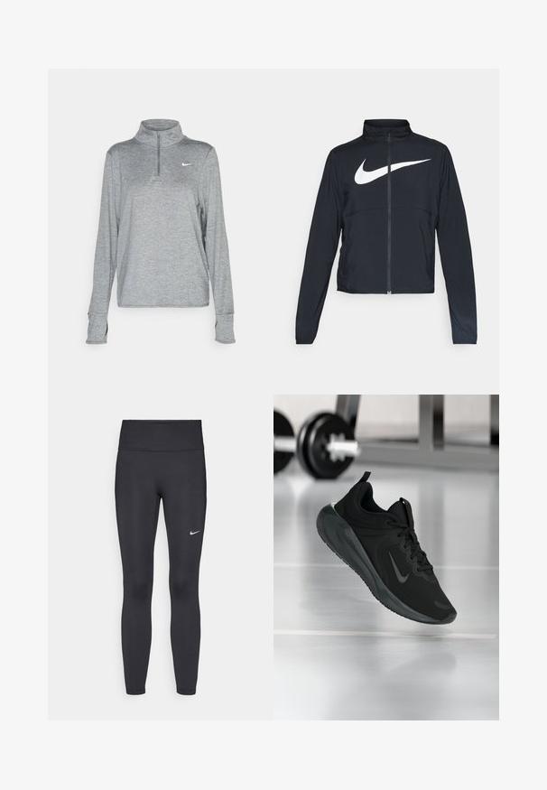 Zwarte sportjas met volledige rits, hoge kraag, lange mouwen en groot wit Nike swoosh-logo op de borst.; Nike Performance SWIFT - Longsleeve - smoke grey; Zwarte legging van rekbare stof met een hoge tailleband en een wit Nike-logo op de linkerdij. Gladde textuur, aansluitend ontwerp.; Zwarte sportsneaker met Nike-logo, weergegeven in de lucht boven de gymvloer, met een vervaagde halterrek op de achtergrond.
