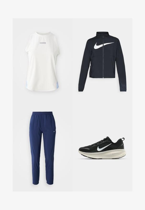 Melnā sporta jaka ar pilnu rāvējslēdzēju, augstu apkakli, garām piedurknēm un lielu baltu Nike swoosh logotipu krūšu daļā.; Balta bez piedurknēm Nike krekls ar apaļu apkakli, ar sudraba logotipu un gaiši ziliem akcentiem sānos. Gluda, sportiska auduma tekstūra.; Navy zili sporta bikses ar elastīgu jostu, piegriezums ar šaurām kājām, izgatavotas no viegla auduma, ar mazu sudraba logo uz gurniem.; Melnas Nike skriešanas kurpes ar elpojošu acs augšdaļu, baltu Swoosh logotipu, strukturētu apdari un krēmkrāsas ZoomX starpsole.