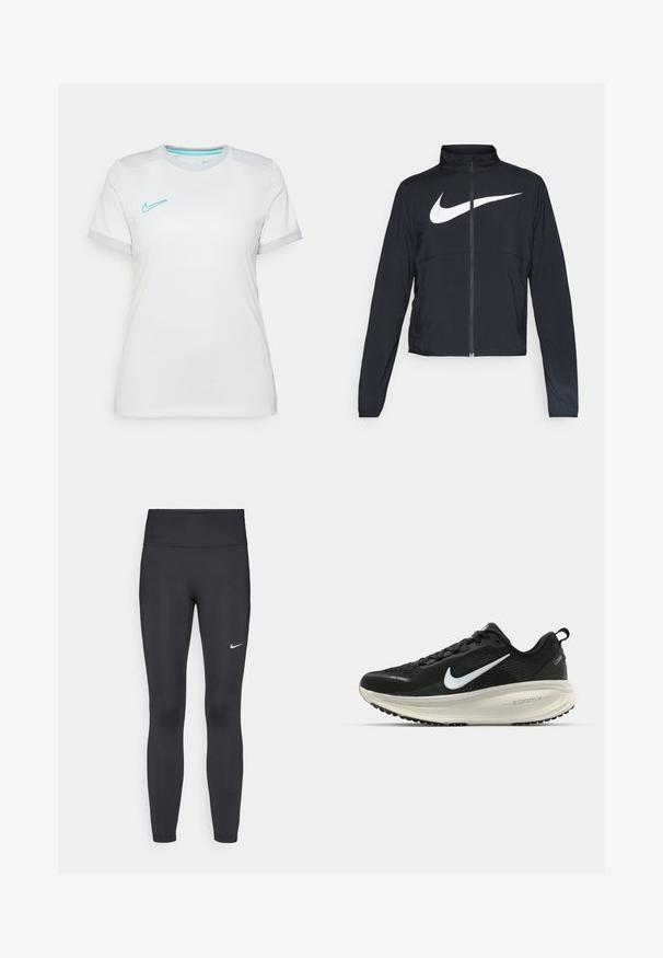 Casaco desportivo preto com fecho éclair completo, gola alta, mangas longas e grande logótipo branco da Nike na parte frontal.; T-shirt branca da Nike com mangas curtas. Apresenta um logo swoosh da Nike em turquesa e detalhes cinzas nas extremidades das mangas, fabricada em material leve.; Leggings pretos feitos de tecido elástico, com uma cintura alta e um logo branco da Nike na coxa esquerda. Textura suave, design ajustado ao corpo.; Sapatilha de corrida Nike preta com parte superior de malha respirável, logotipo Swoosh branco, detalhes texturizados e uma entressola ZoomX na cor creme.