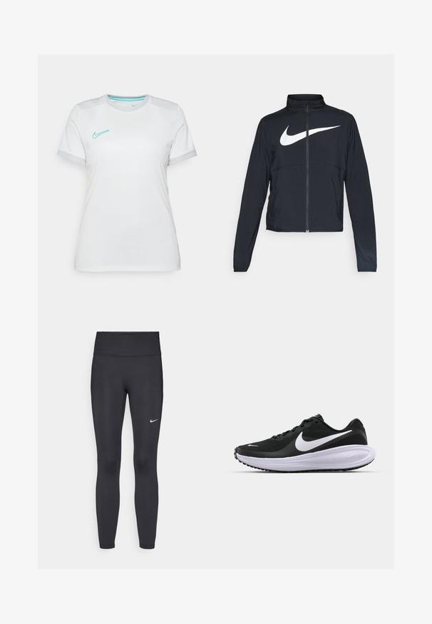 Jachetă sport neagră cu fermoar pe toată lungimea, guler înalt, mâneci lungi și un logo mare alb Nike swoosh pe piept.; Tricou alb Nike cu mâneci scurte. Prezintă un logo Nike swoosh de culoare turcoaz și accente gri la manșetele mânecilor, fiind fabricat dintr-un material ușor.; Leggings negre dintr-un material elastic, având talie înaltă și un logo alb Nike pe coapsa stângă. Textură netedă, design care se conturează pe corp.; Pantofii sport negri au un superior din plasă texturată, logo alb în formă de swoosh, guler căptușit și o talpă intermediară albă groasă și căptușită. Talpă din cauciuc.