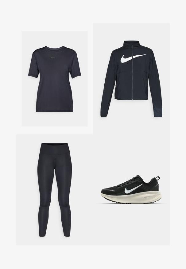 Chaqueta deportiva negra de cremallera completa con cuello alto, mangas largas y gran logo de Nike en blanco en el pecho.; Camiseta atlética negra de manga corta hecha de tejido ligero, con cuello redondo y un pequeño logo de la marca en el frente.; Leggings negros hechos de una tela suave y elástica. Cintura alta sin patrones ni acentos visibles. Se ajustan estrechamente desde la cintura hasta los tobillos.; Zapatilla de running Nike negra con parte superior de malla transpirable, logo Swoosh blanco, detalles texturizados y una entresuela ZoomX de color crema.