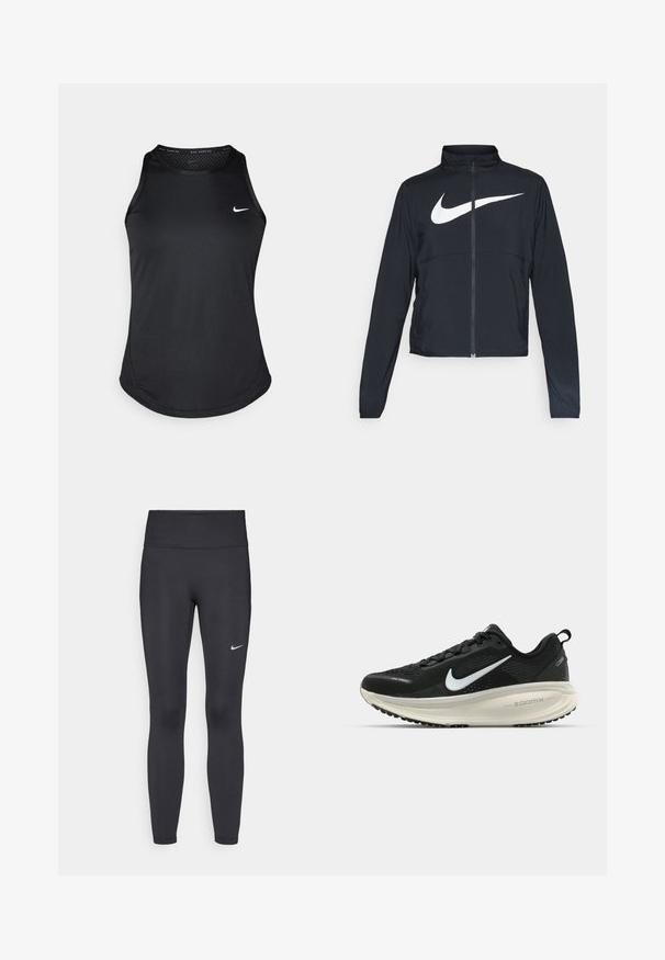 Must musta täispikk vary hoodie kõrge krae, pikad varrukad ja suur valge Nike swooshi logo rinnal.; Nike mustata ilma varrukatega jooksu top, millel on ümar kaelus, sile tekstuur ja väike valge logo vasakul rinnal.; Mustad mustadest leggingid, mis on valmistatud venivast kangast, kõrge vöökoha ja valge Nike logo abil vasakul reiel. Sile tekstuur, keha järgiv disain.; Musthave mustus Nike jooksujalats, millel on hingav võrgust ülemine osa, valge swoosh logo, tekstuuriga detailid ja kreemja värvusega ZoomX vahevöö.