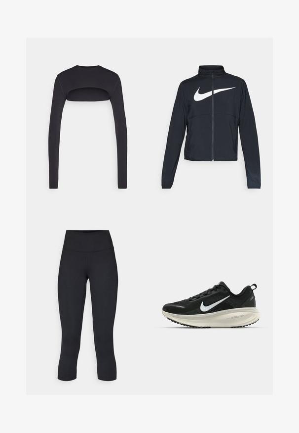 Črna športna jakna z polnim zadrgo, visokim ovratnikom, dolgimi rokavi in velikim belim logotipom Nike swoosh čez prsi.; Črna dolg rokav top z izrezom na hrbtni strani. Narejen je iz gladkega materiala, prilega se telesu in ima okroglo izrez.; Črne skrajšane legice iz raztegljive tkanine, z visokim pasom in gladko teksturo, brez vidnih vzorcev ali kovinskih delov.; Črne Nike tekaške čevlje z zračno mrežno zgornjim delom, belim logotipom Swoosh, teksturiranimi detajli in smetanasto barvnim srednjim delom ZoomX.