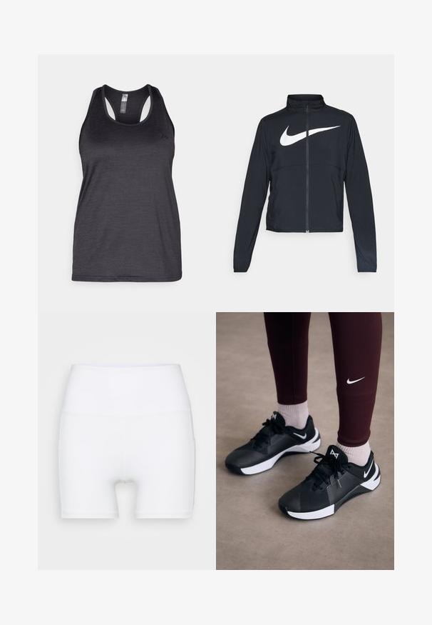 Giacca sportiva nera con zip completa, colletto alto, maniche lunghe e grande logo swoosh bianco Nike sul petto.; ONLY Play ONPCORE LIFE ON - Top - black; Pantaloni corti bianchi a vita alta realizzati in tessuto elasticizzato. Presentano una texture liscia e un design aderente, senza ulteriori motivi o accessori.; Scarpe da ginnastica nere con una tomaia testurizzata e dettagli bianchi, dotate di lacci e un logo laterale. Indossate con leggings bordeaux e calze chiare.